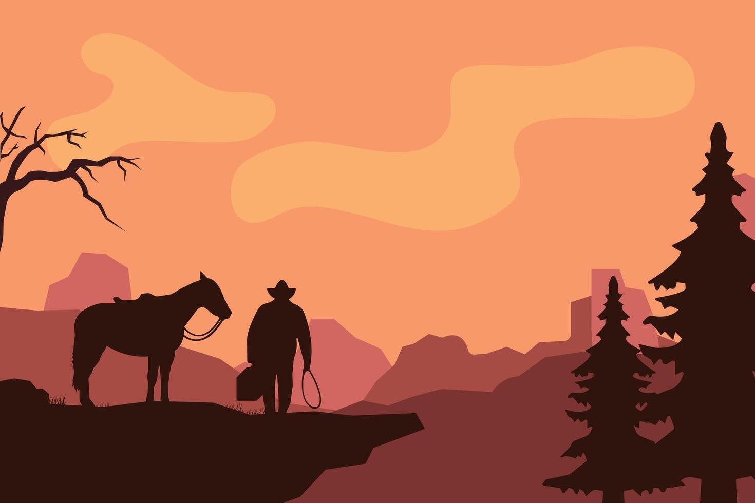 landscape silhouette of cowboy riding at horse background template simple concept vintage design vector