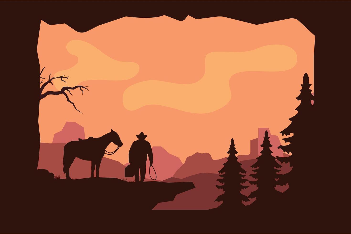 landscape silhouette of cowboy riding at horse background template simple concept vintage design vector