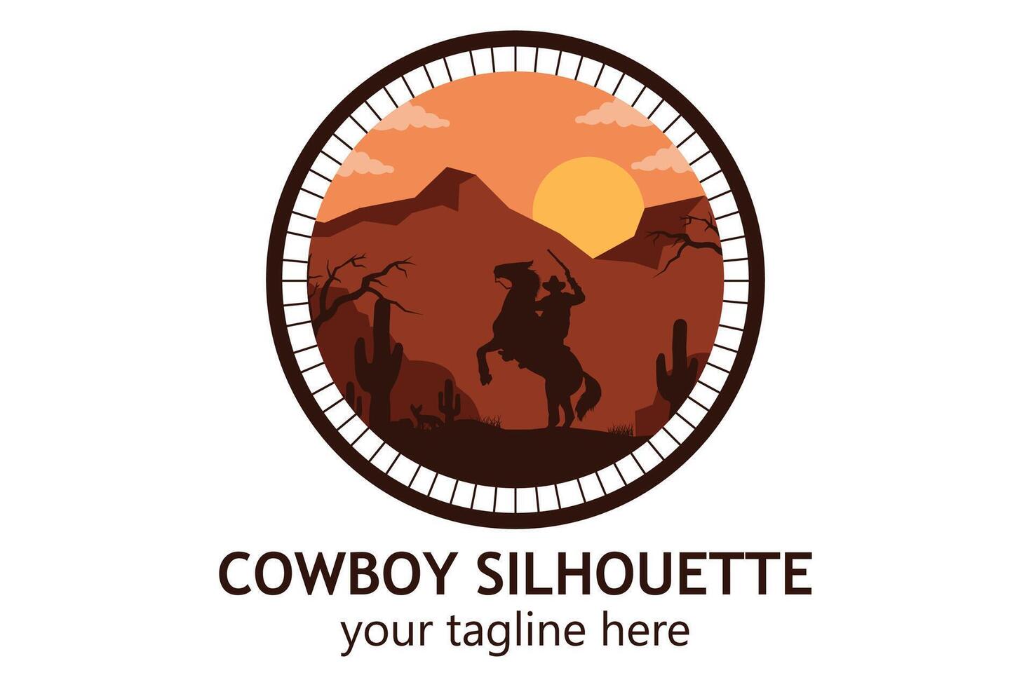 logo landscape silhouette of cowboy riding at horse template simple concept vintage design vector