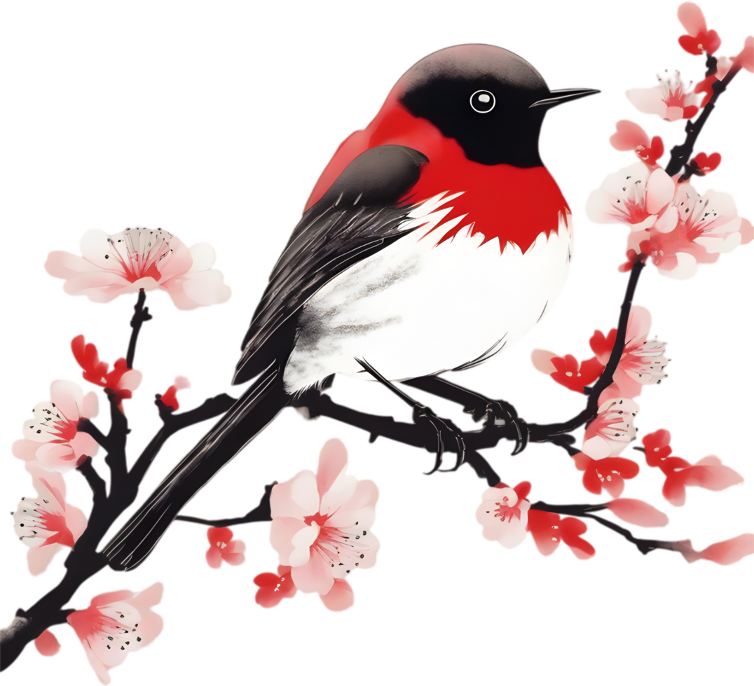 AI generated Painting of a crimson chat bird using the Japanese brushstroke technique. png