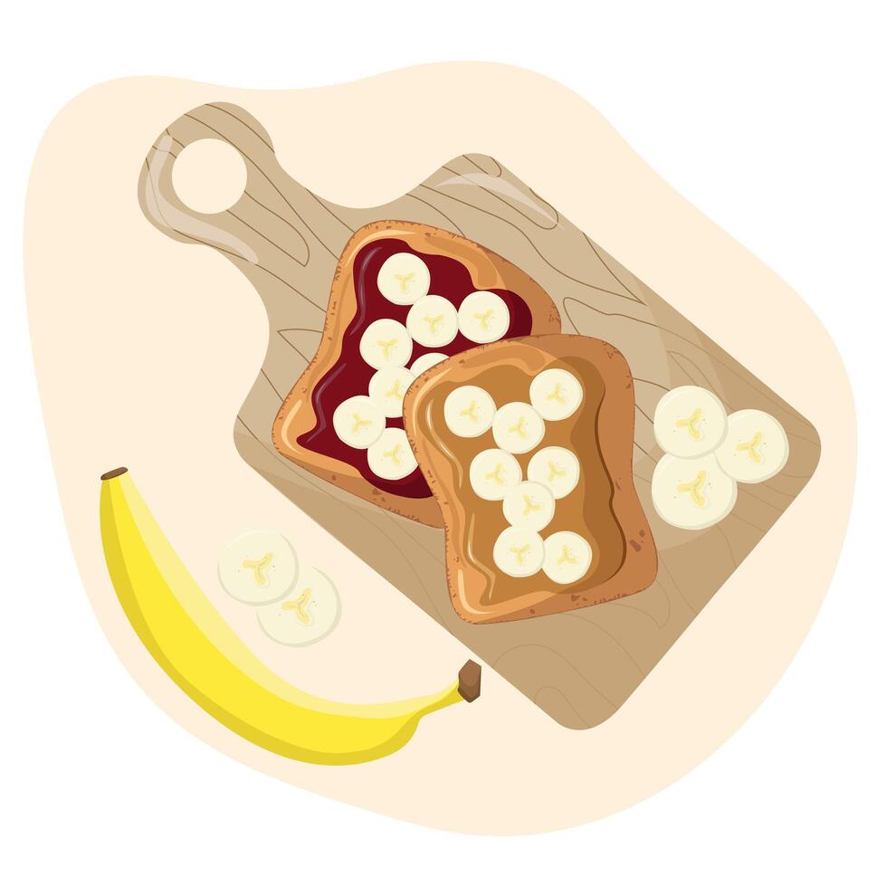 dulce tostadas en cocina tablero. dibujos animados aislado rebanadas de tostado un pan con piezas de bananas para desayuno. tostado un pan con chocolate untado y maní butte vector