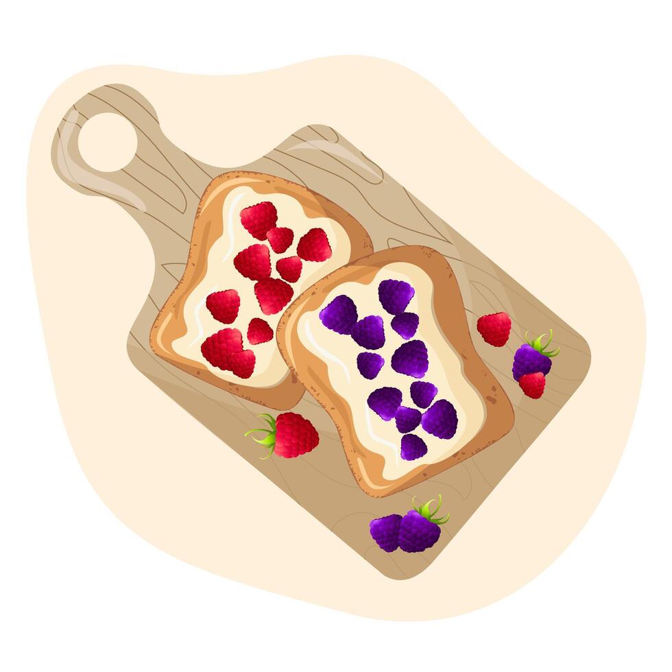 Sweet toast on kitchen board. Cartoon isolated slice of toasted bread with blackberry and raspberry berries for breakfast. Toasted bread with  creamy.Vector illustration vector