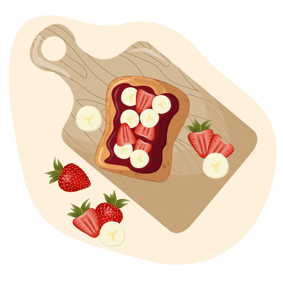 dulce brindis en cocina tablero. dibujos animados aislado rebanada de tostado un pan con piezas de fresa y bananas para desayuno. tostado un pan con chocolate propagación.vector ilustración vector