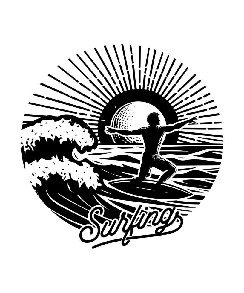 surfing summer beach line art t shirt design illustration vector