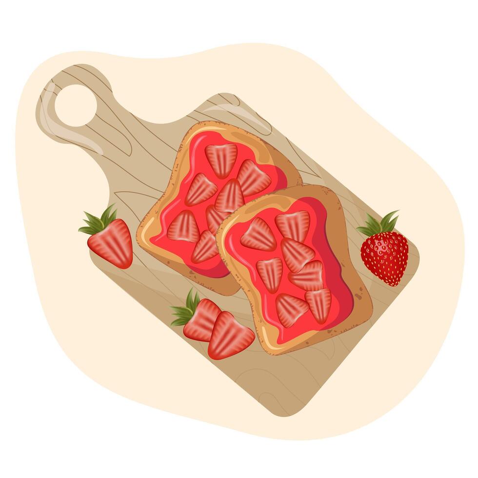 Sweet toasts on kitchen board. Cartoon isolated slices of toasted bread with pieces of strawberry for breakfast. Toasted bread with strawberry jam.Vector illustration vector