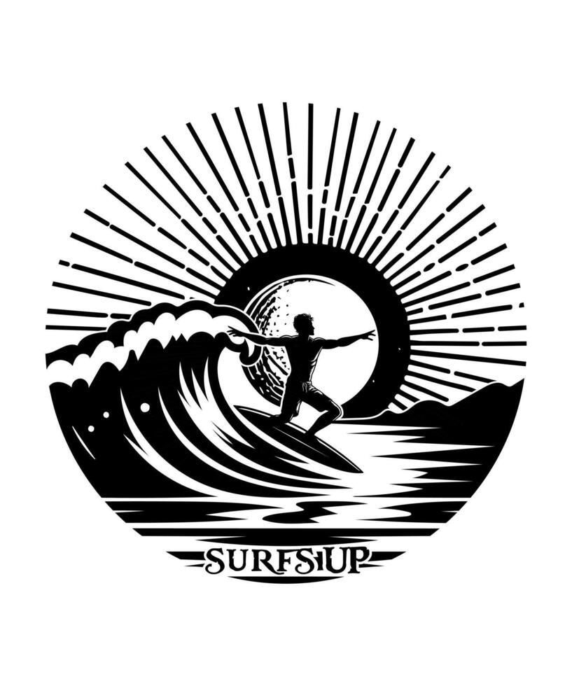 Surfs up surfing beach line art  t shirt design vector