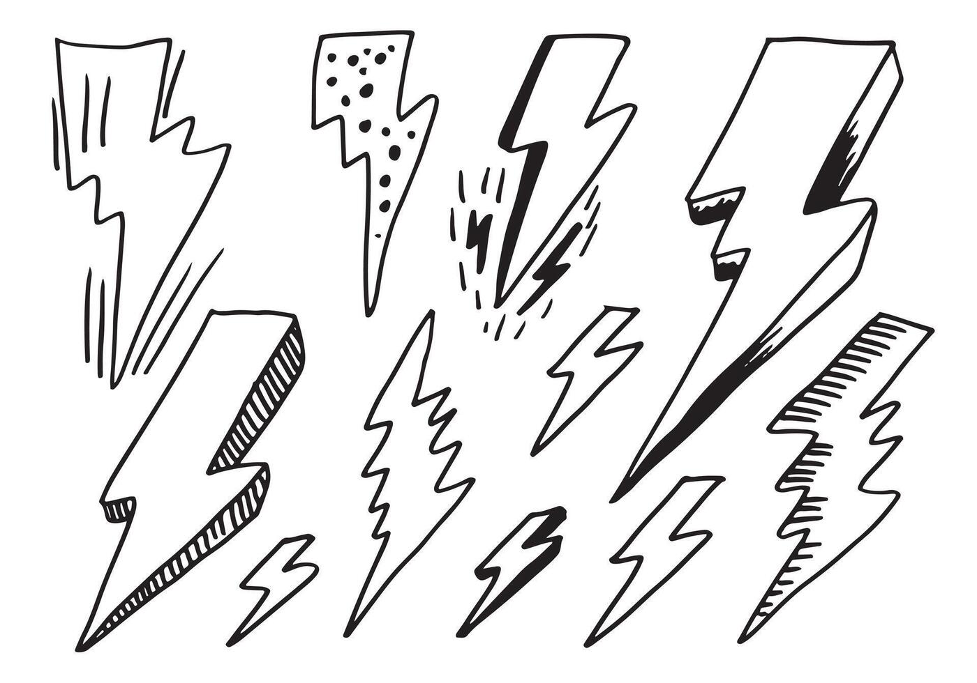 set of hand drawn vector doodle electric lightning bolt symbol sketch illustrations. thunder symbol doodle icon.