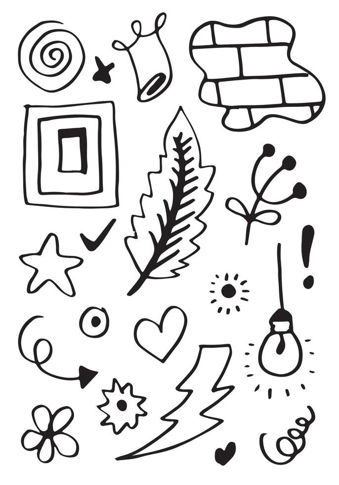 mano dibujado conjunto elementos, negro en blanco antecedentes. muro, flecha, corazón, amar, estrella, hoja, para concepto diseño. vector