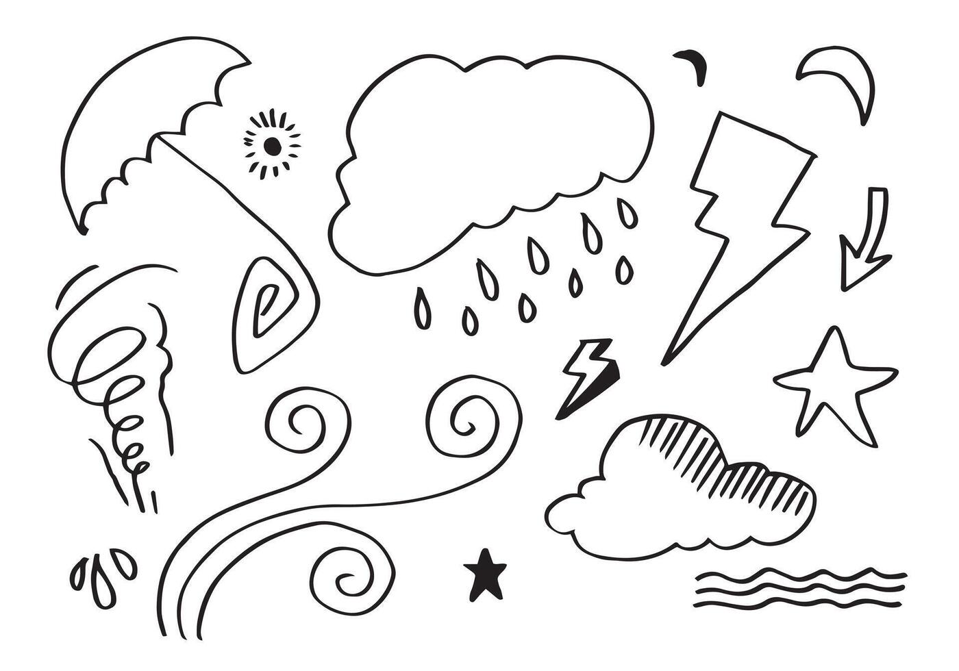 Weather Doodle Vector Set isolated on a white background. hand drawn vector illustration.