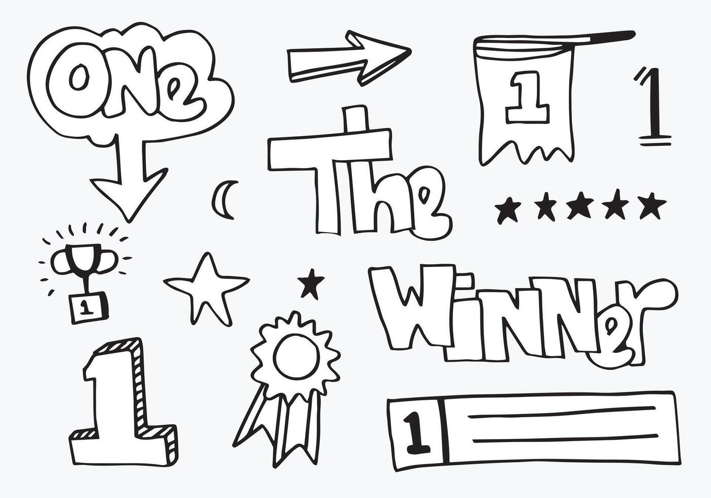 Trophy and Awards doodle icon set. first place medals. Winner Hand drawn Line art style isolated on white background. vector