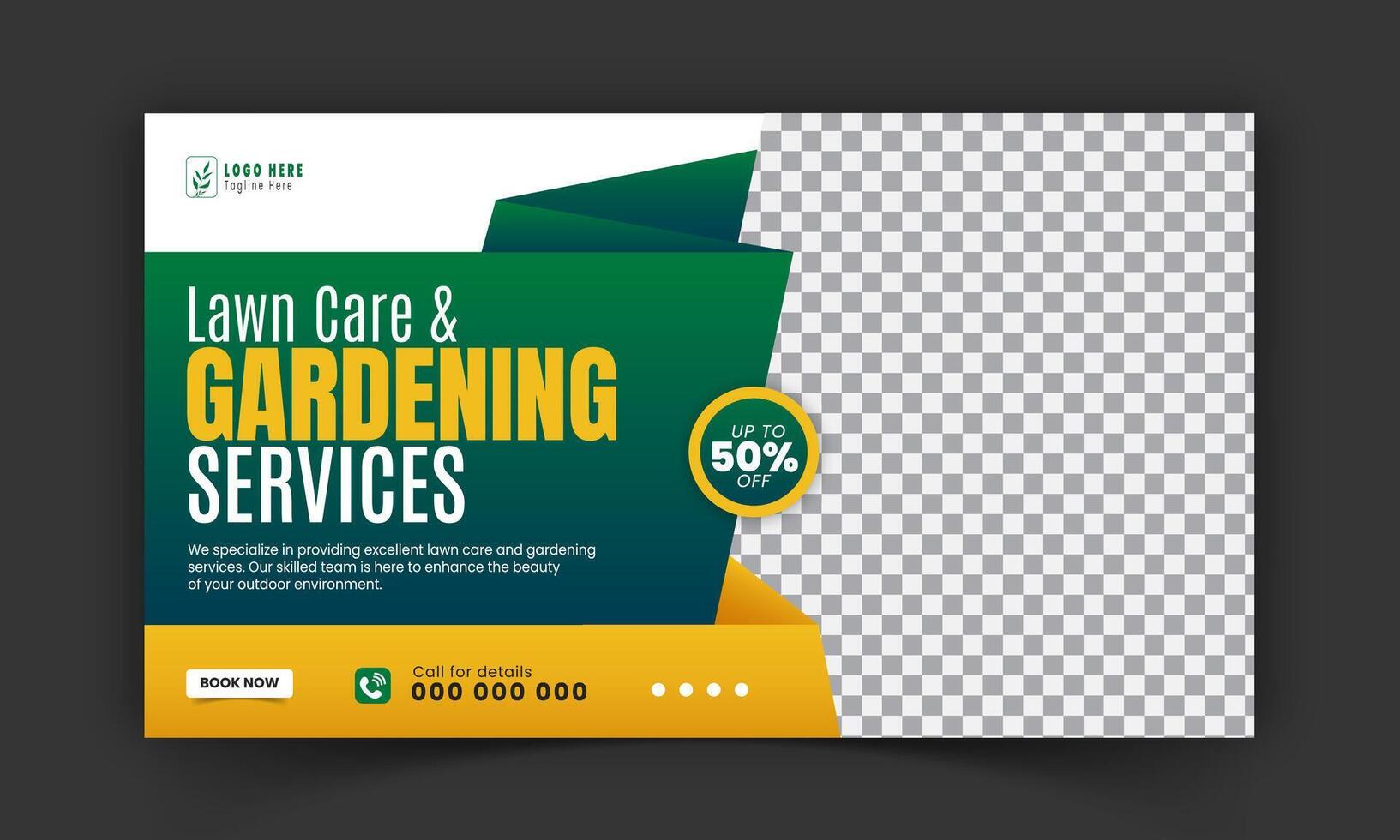 Organic food and agriculture service for stream video thumbnail design, modern lawn mower garden, or landscaping service social media cover or post template with abstract green and yellow color shapes vector