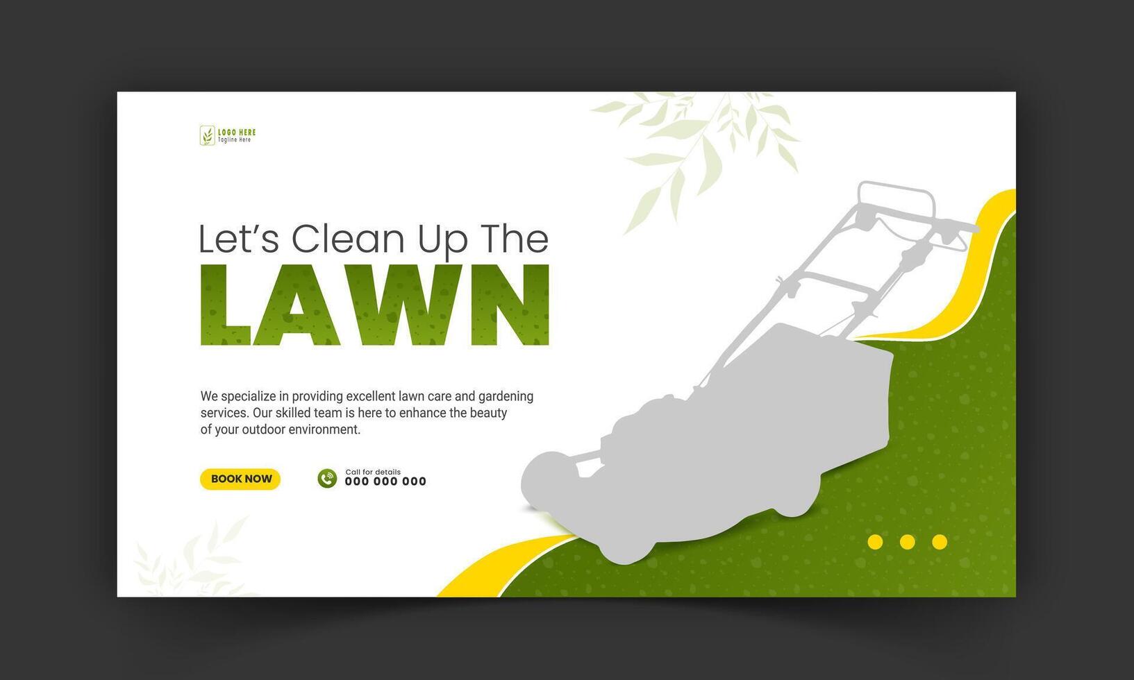 Lawn care and farming service video thumbnail design, modern lawn mower garden, or landscaping service with abstract green and yellow color shapes for social media cover, post, web banner template vector