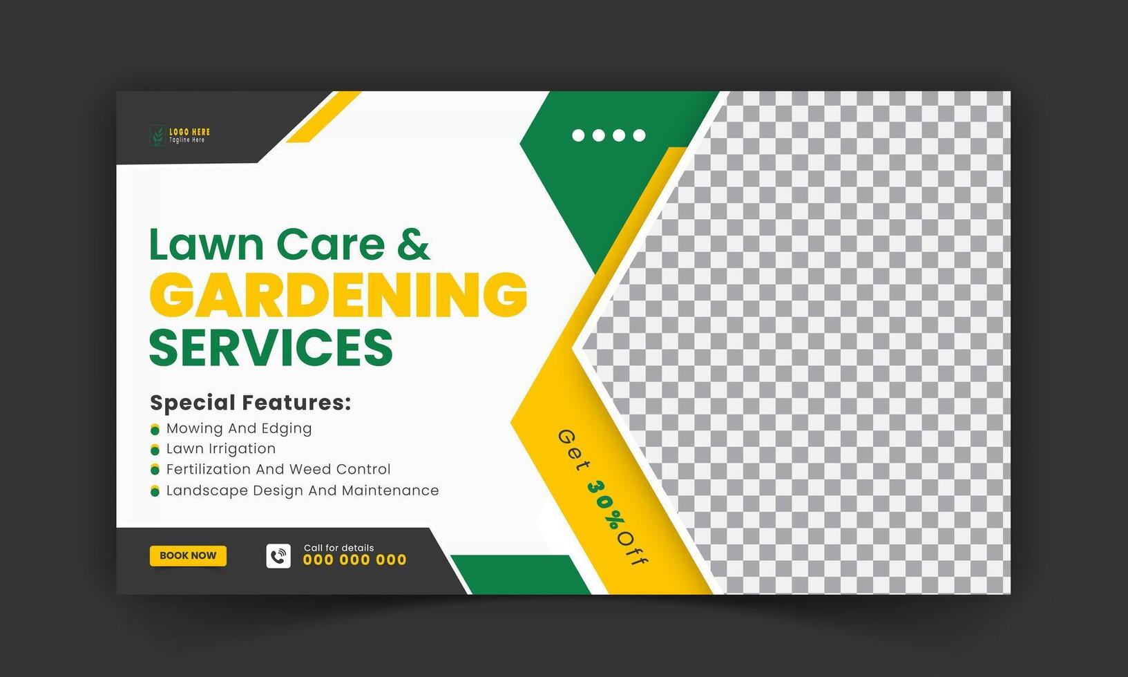 Organic food and agriculture service for stream video thumbnail design, modern lawn mower garden, or landscaping service social media cover or post template with abstract green and yellow color shapes vector