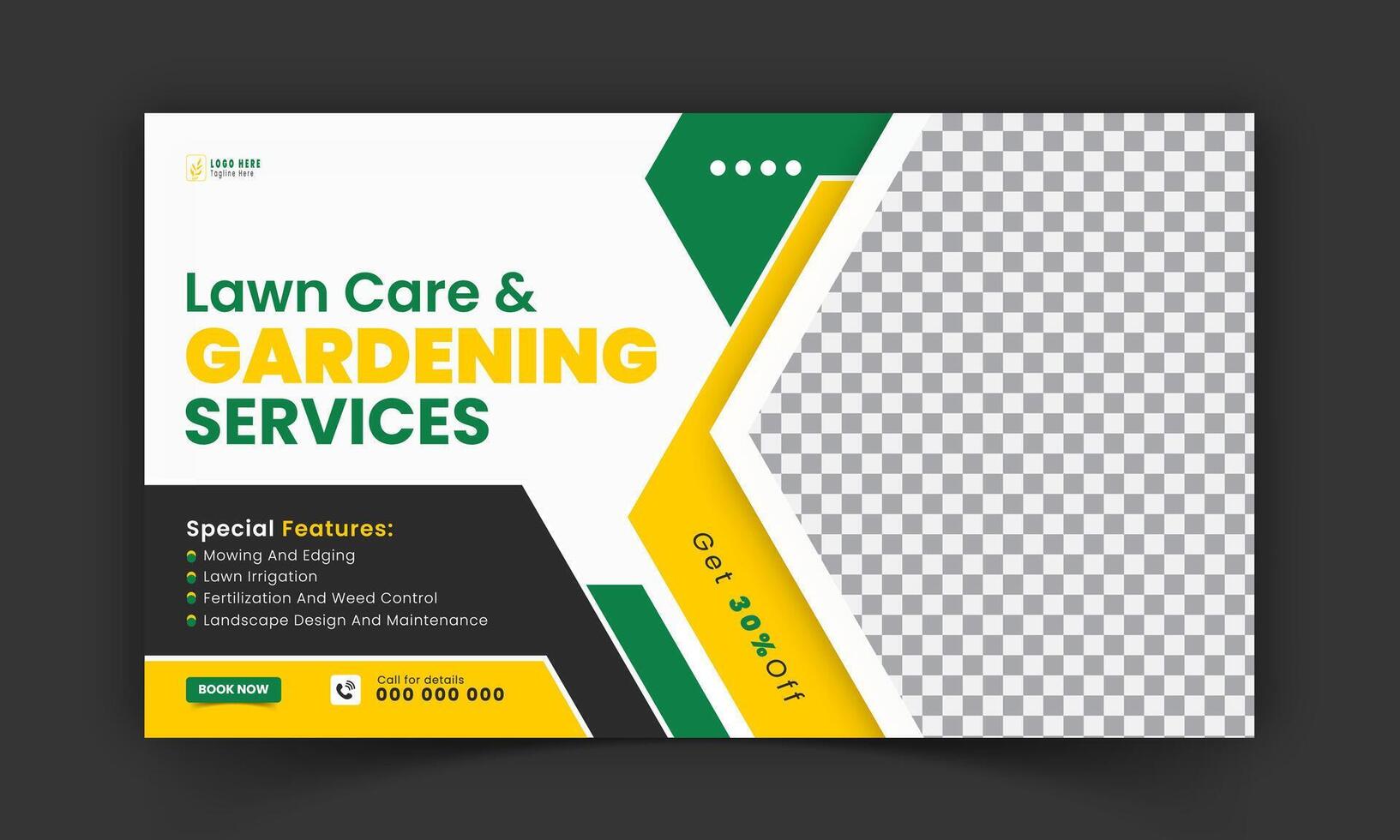 Organic food and agriculture service for stream video thumbnail design, modern lawn mower garden, or landscaping service social media cover or post template with abstract green and yellow color shapes vector