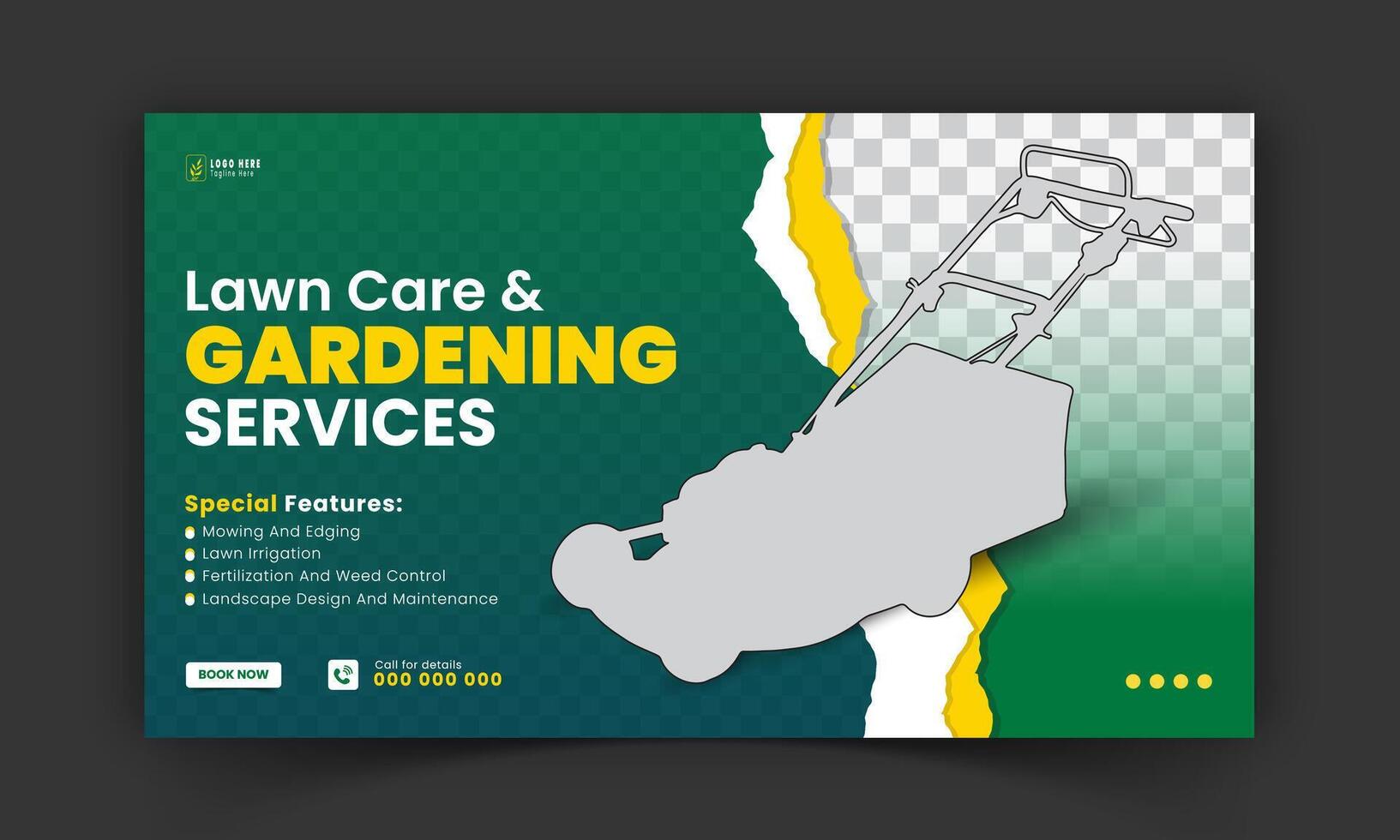 Organic food and agriculture service for stream video thumbnail design, modern lawn mower garden, or landscaping service social media cover or post template with abstract green and yellow color shapes vector