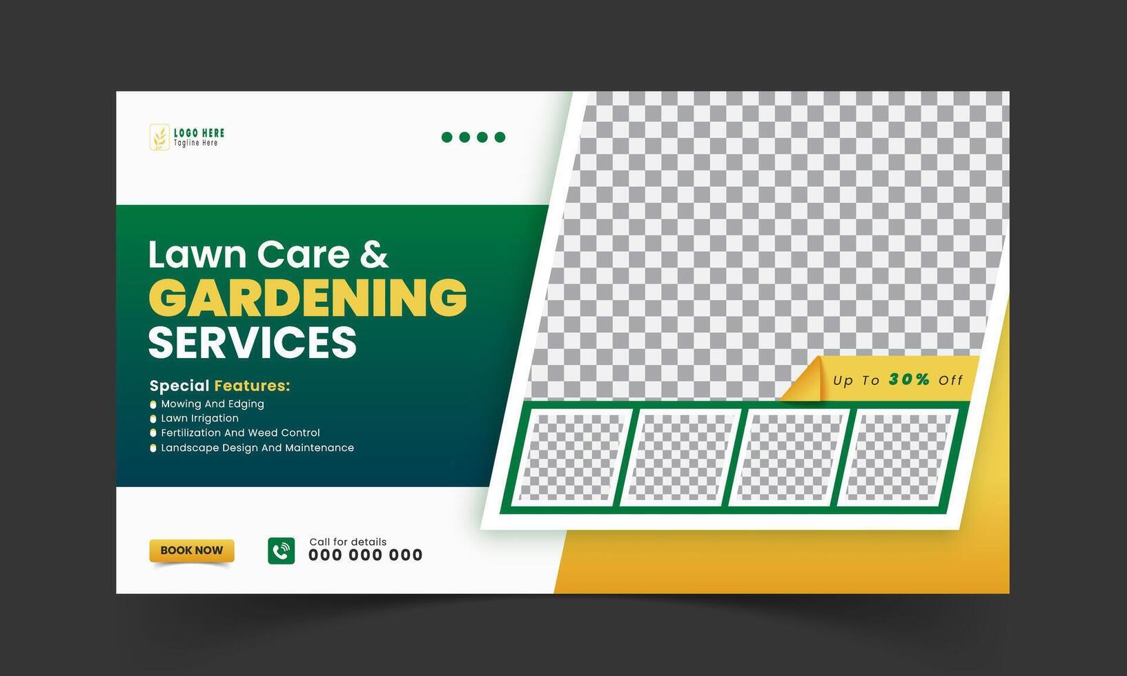 Organic food and agriculture service for stream video thumbnail design, modern lawn mower garden, or landscaping service social media cover or post template with abstract green and yellow color shapes vector