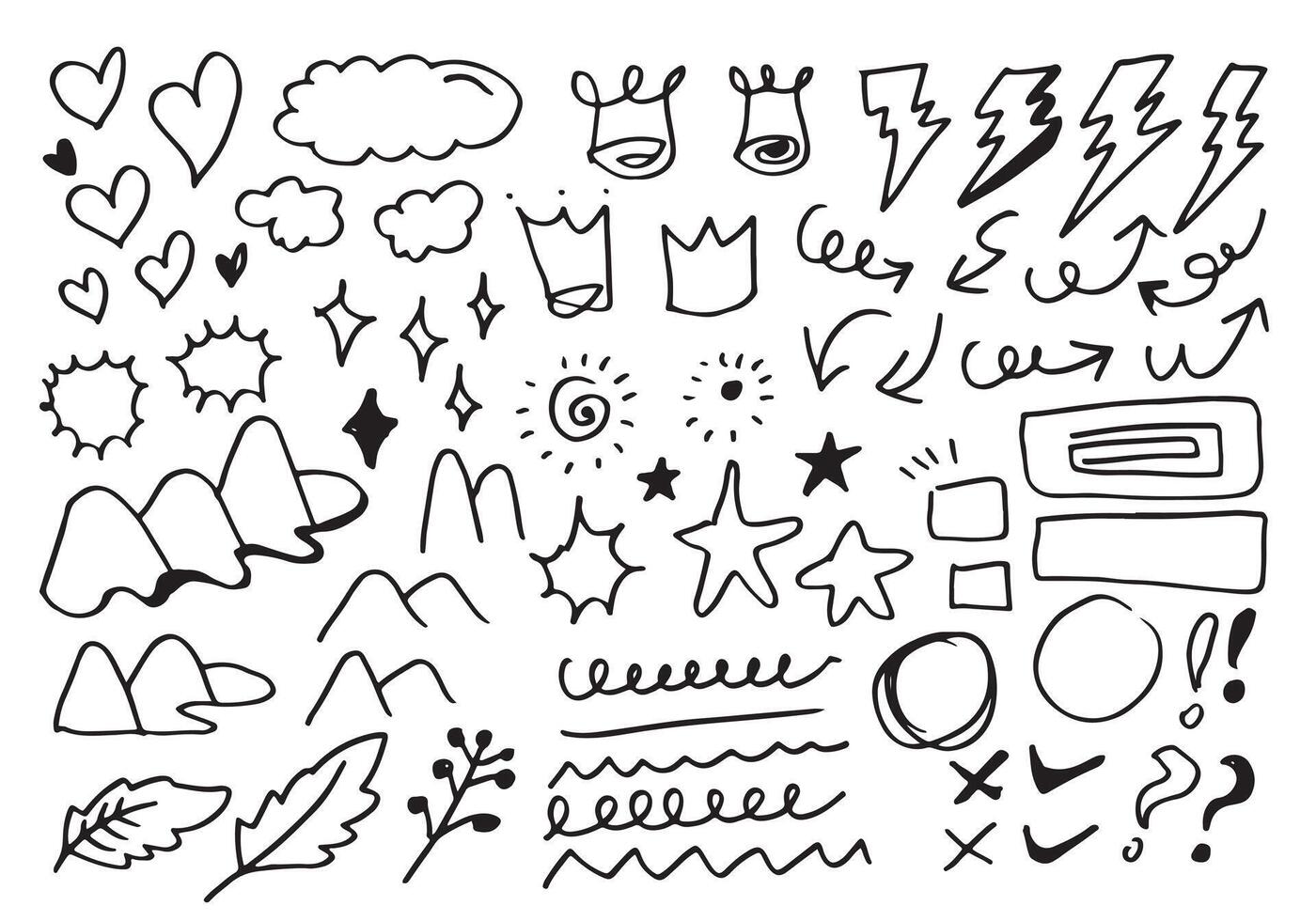 Hand drawn doodle design elements, black on white background. emphasis, Arrow, crown, line, hill. doodle sketch design elements vector