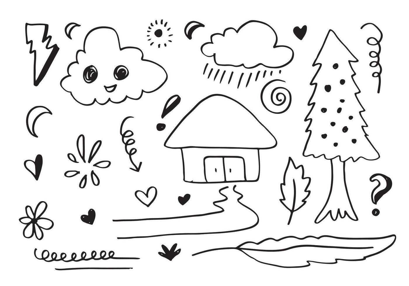 hand-drawn cute doodle set on white background. doodle design elements.doodle kids for decoration and coloring page. vector