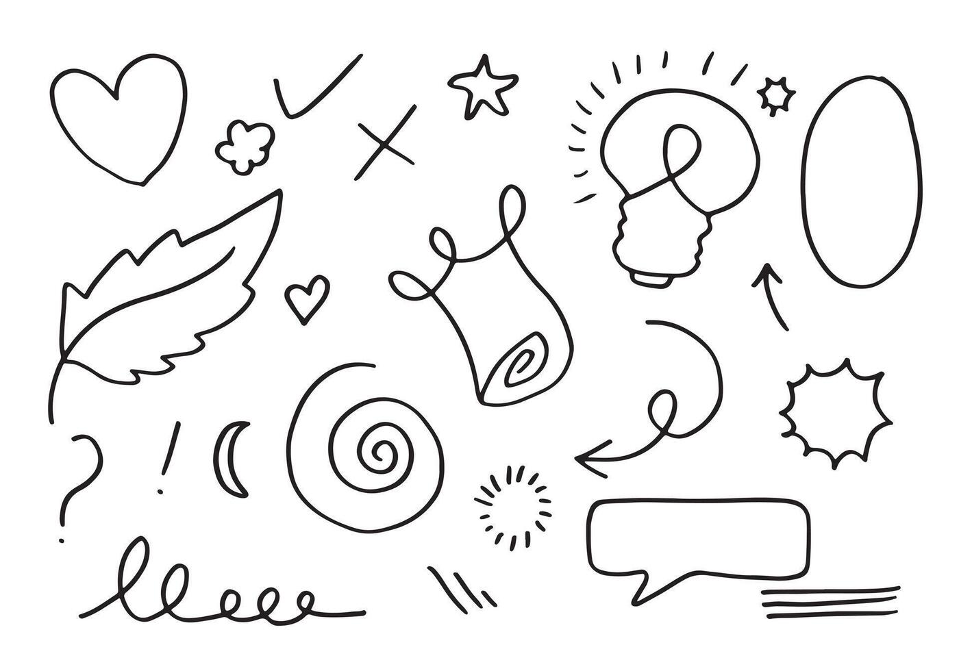 hand drawn set element,black on white background.arrow,leaves,speech bubble,heart,light,king,emphasis,swirl,for concept design. vector