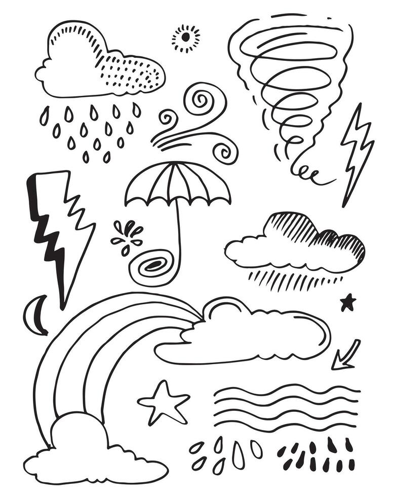 Weather Doodle Vector Set isolated on a white background. hand drawn vector illustration.