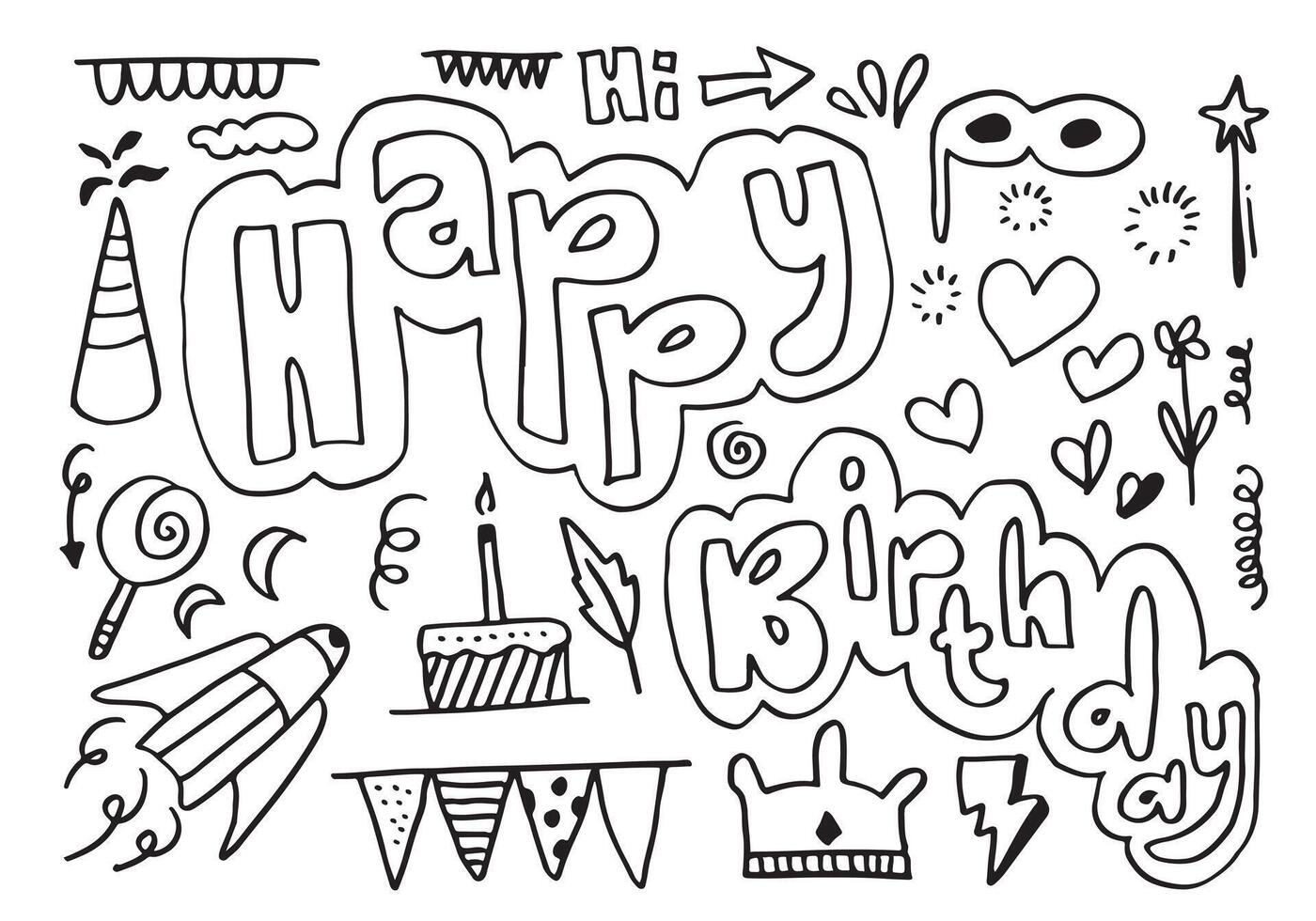 hand draw birthday element, flags, cakes, gifts, flowers, hearts, candy. vector