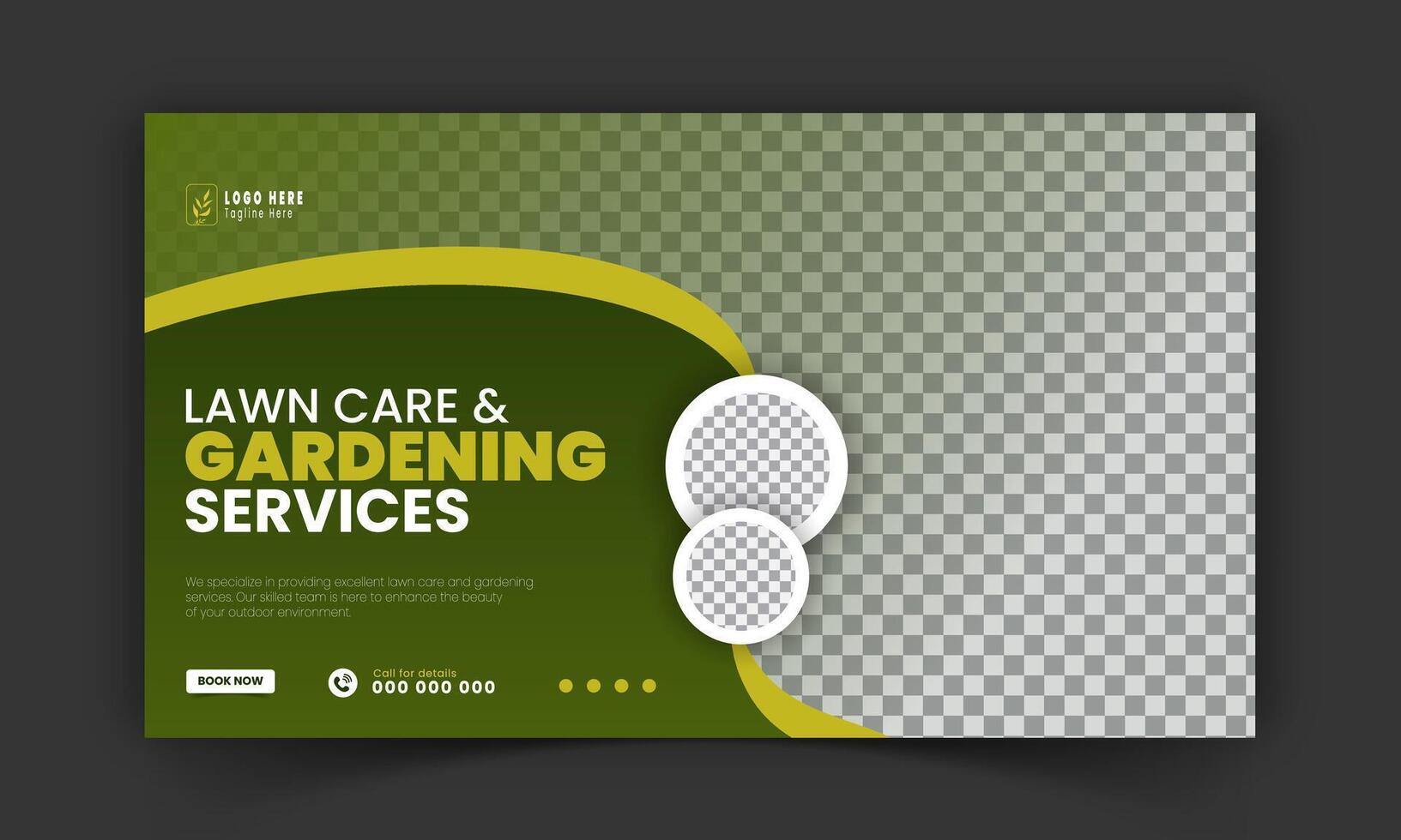 Corporate lawn care and gardening or landscaping services live stream video thumbnail design, lawn mower, gardening, promotion, social media post, cover template, abstract green, yellow color shapes vector