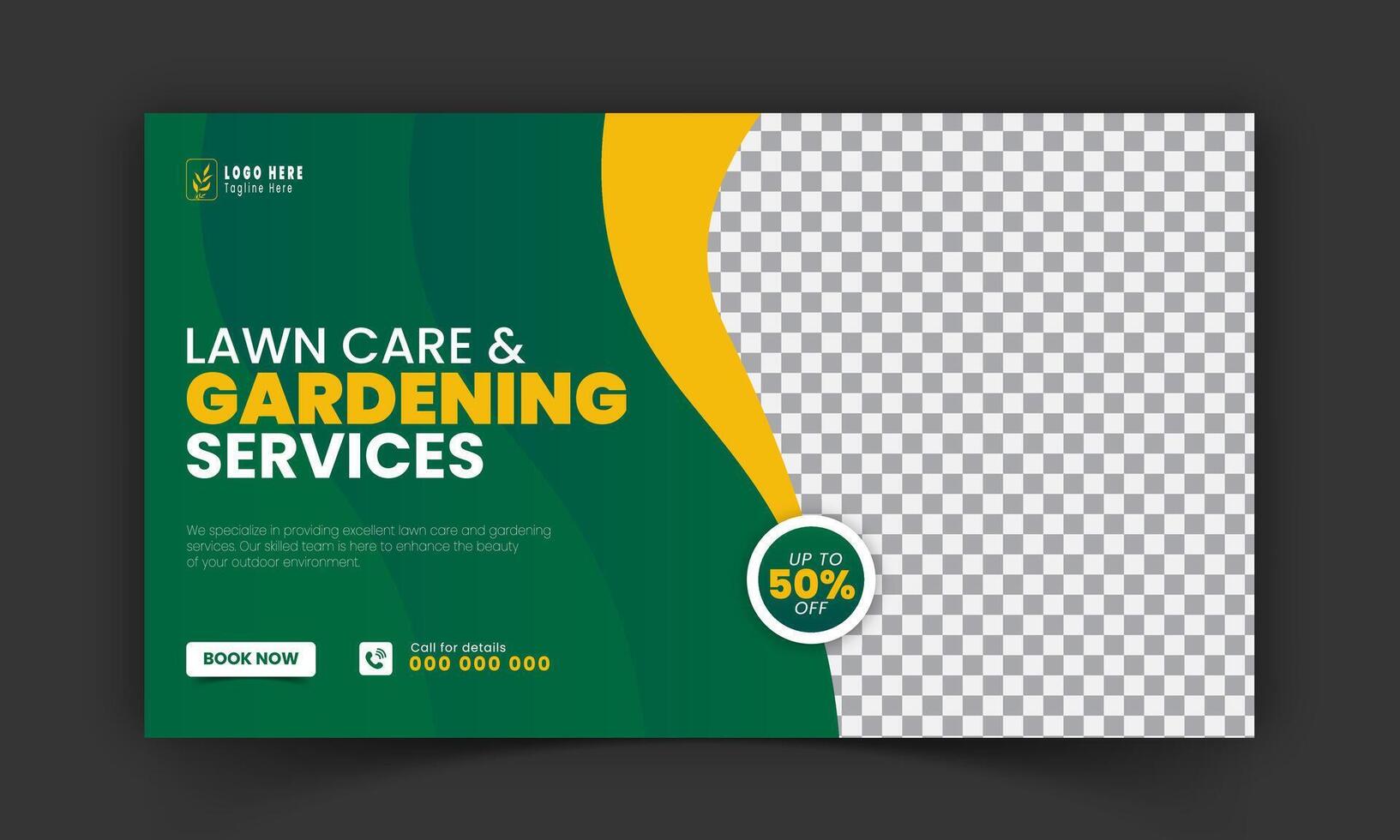 Corporate lawn care and gardening or landscaping services live stream video thumbnail design, lawn mower, gardening, promotion, social media post, cover template, abstract green, yellow color shapes vector