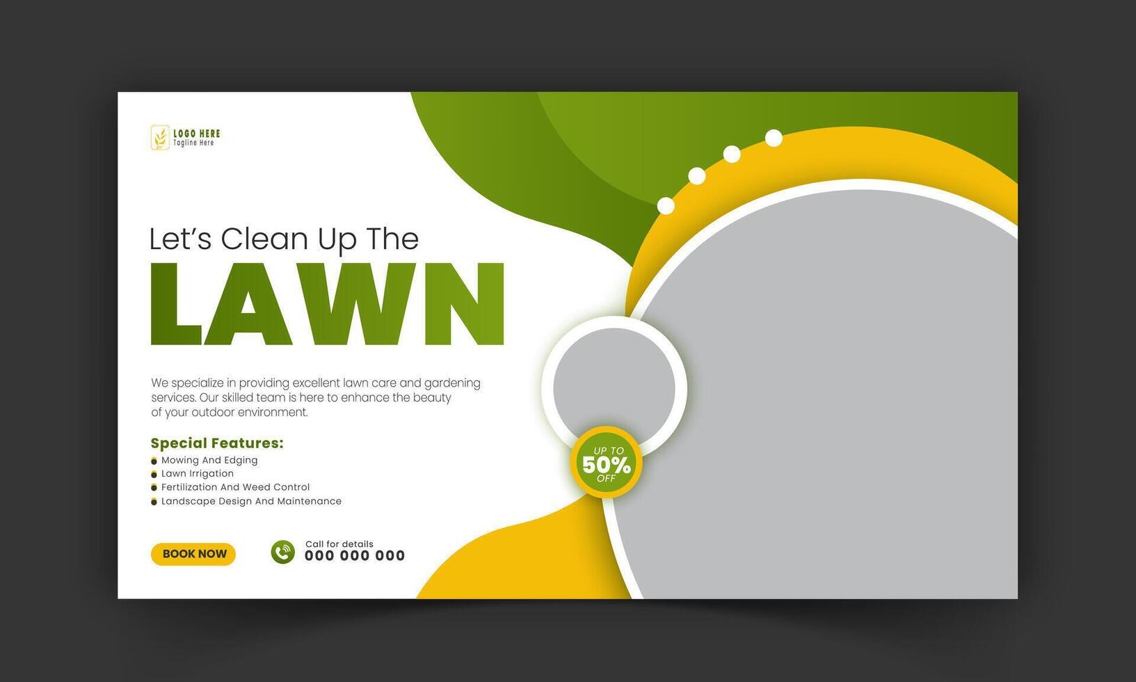 Lawn care and farming service video thumbnail design, modern lawn mower garden, or landscaping service with abstract green and yellow color shapes for social media cover, post, web banner template vector
