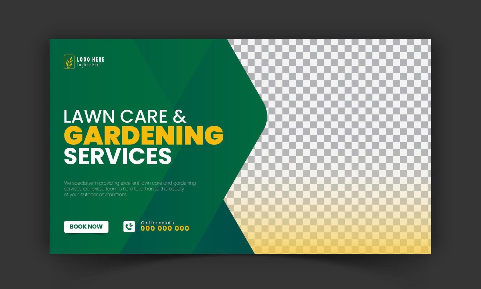 Corporate lawn care and gardening or landscaping services live stream video thumbnail design, lawn mower, gardening, promotion, social media post, cover template, abstract green, yellow color shapes vector