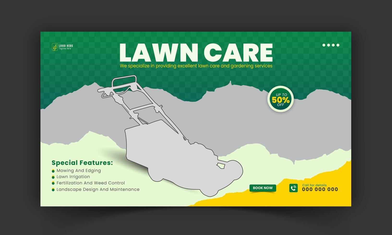 Organic food and agriculture service for stream video thumbnail design, modern lawn mower garden, or landscaping service social media cover or post template with abstract green and yellow color shapes vector