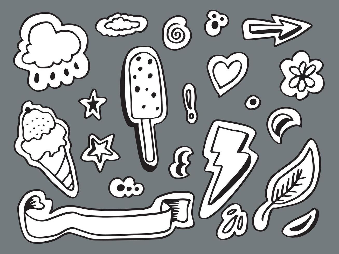 kids stickers with ice cream and cloud hand drawn and badges designs in flat style. Vector stock illustration.