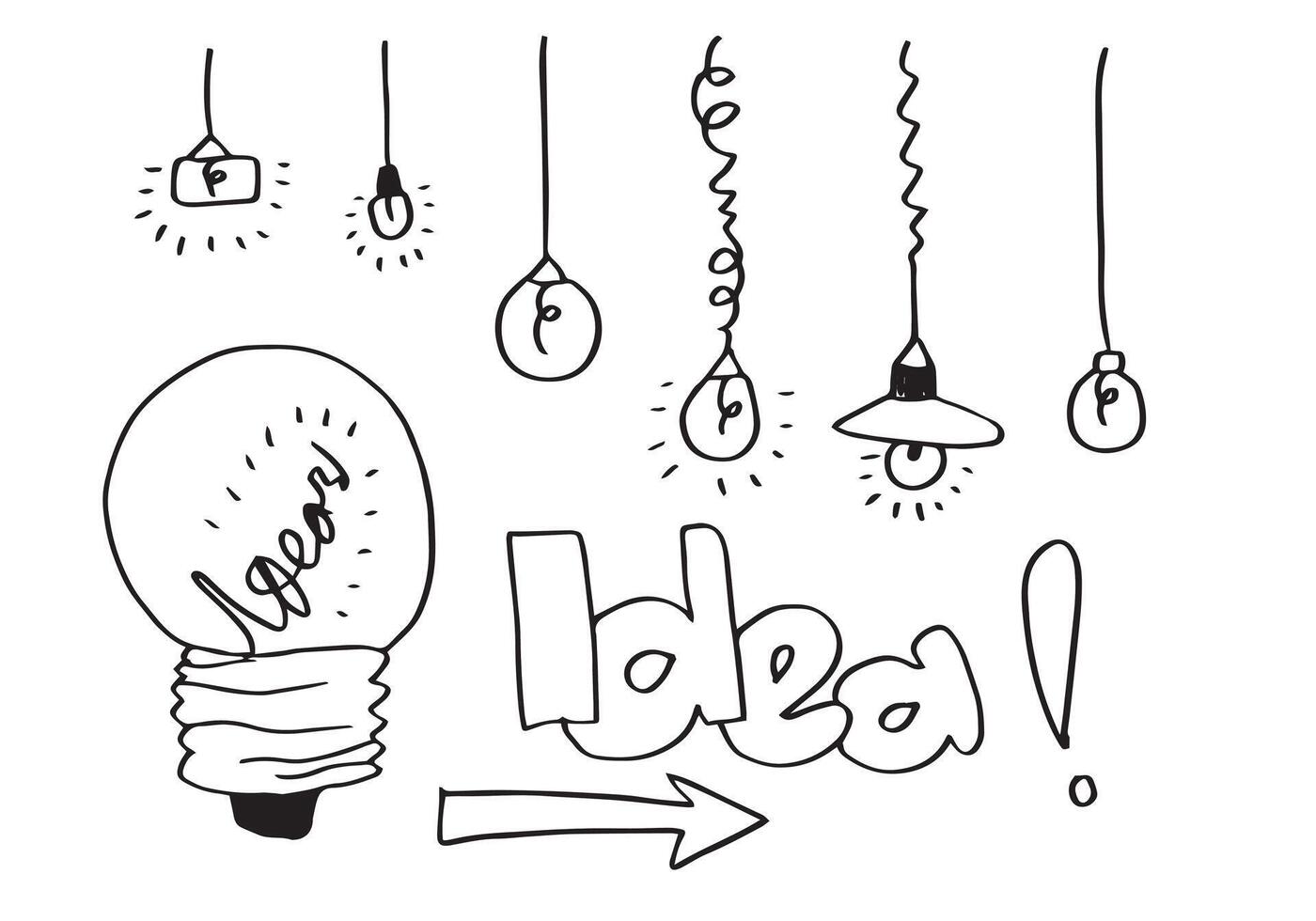 Hand drawn light bulb icons with concept of idea. Doodle style. Vector illustration.