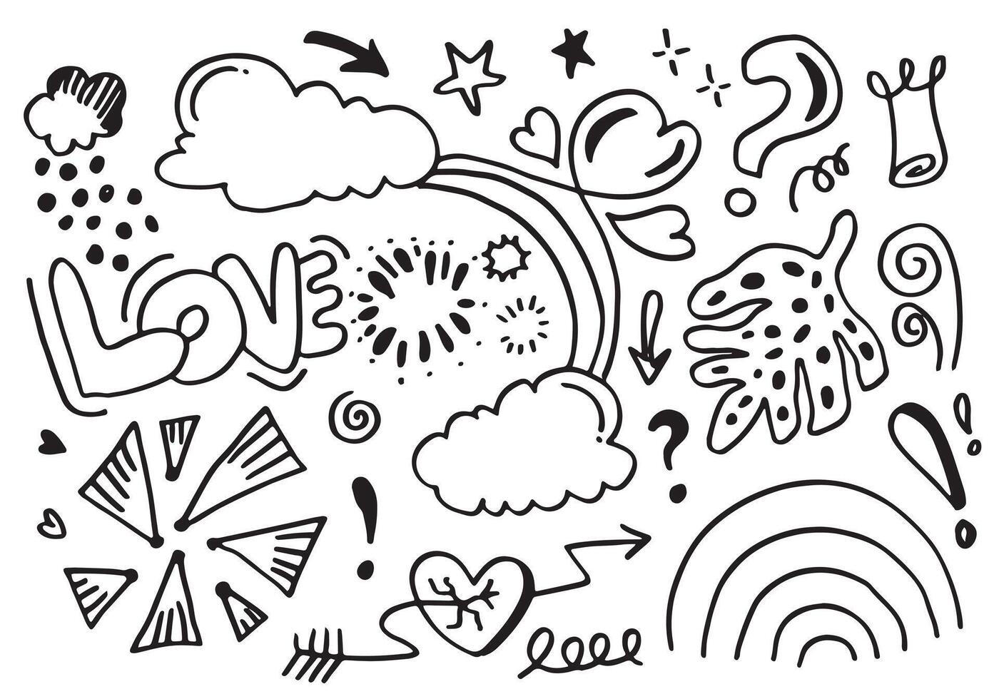 Hand drawn doodle design elements, love, cloud, swoops, emphasis, Arrow, crown, line, hill. doodle sketch design elements. vector