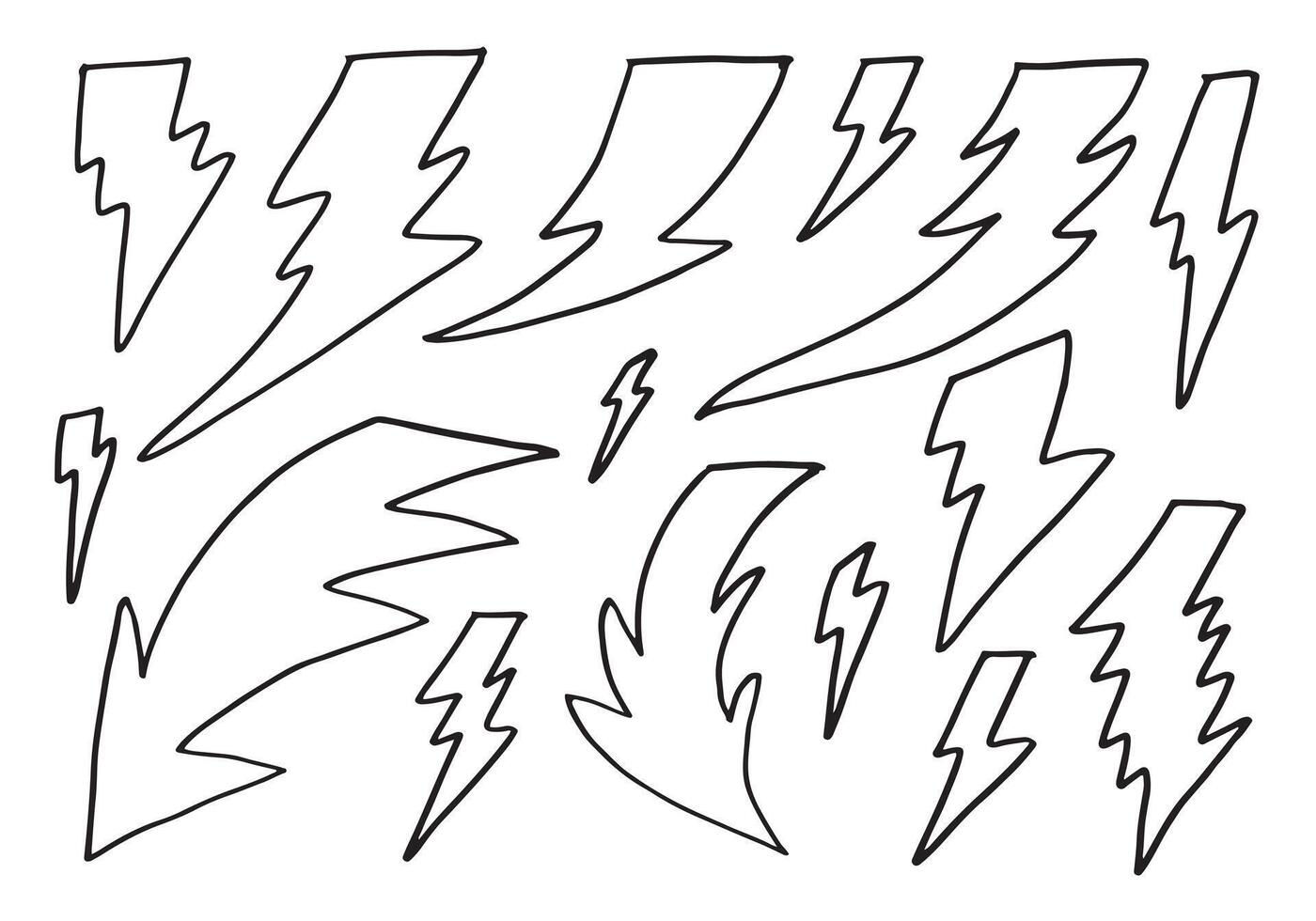 set of hand drawn vector doodle electric lightning bolt symbol sketch illustrations. thunder symbol doodle icon.