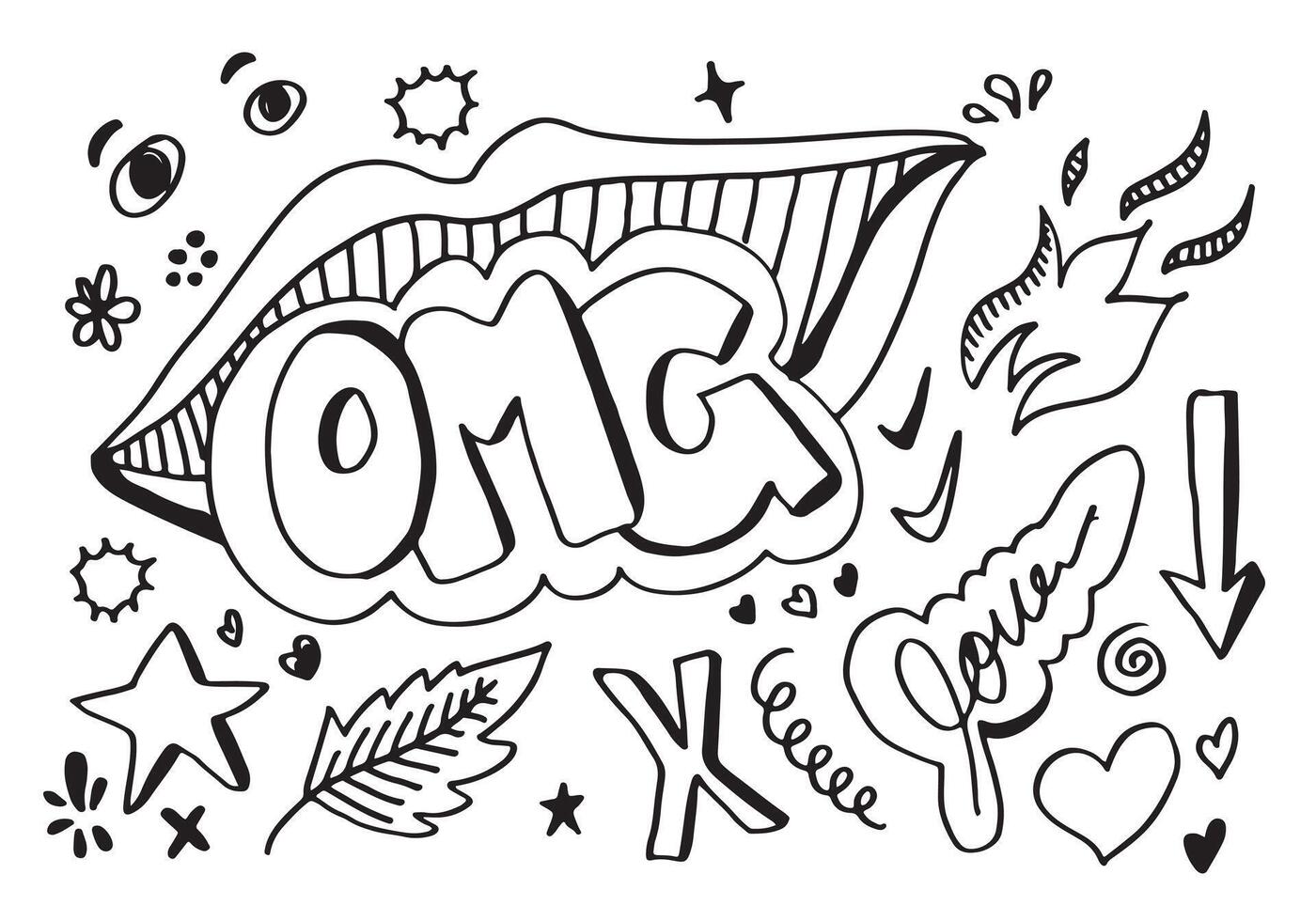 mouth with OMG text. Comic doodle sketch style.OMG icon lettering. vector