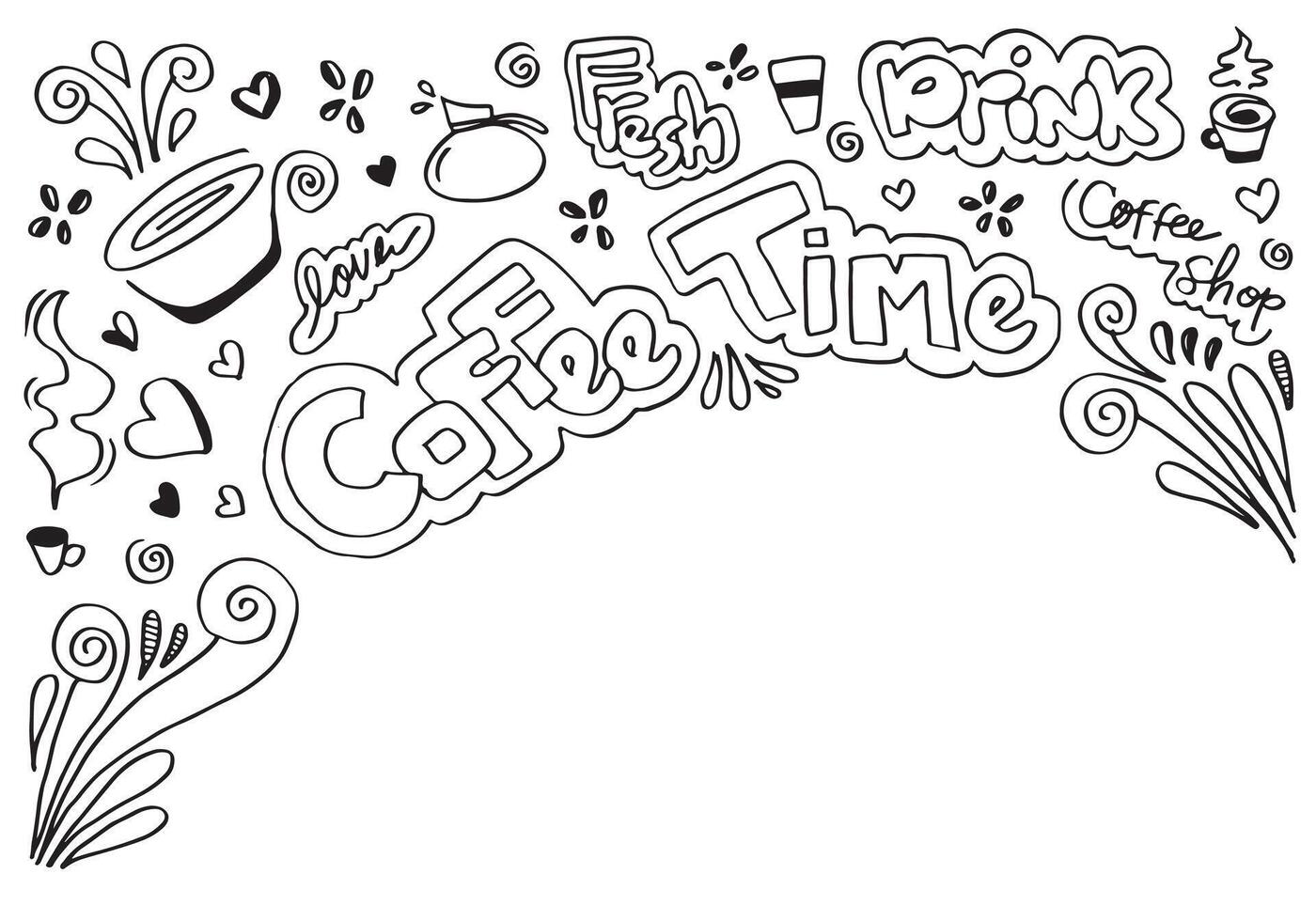 café hora póster concepto con café taza y letras.doodle ilustración vector