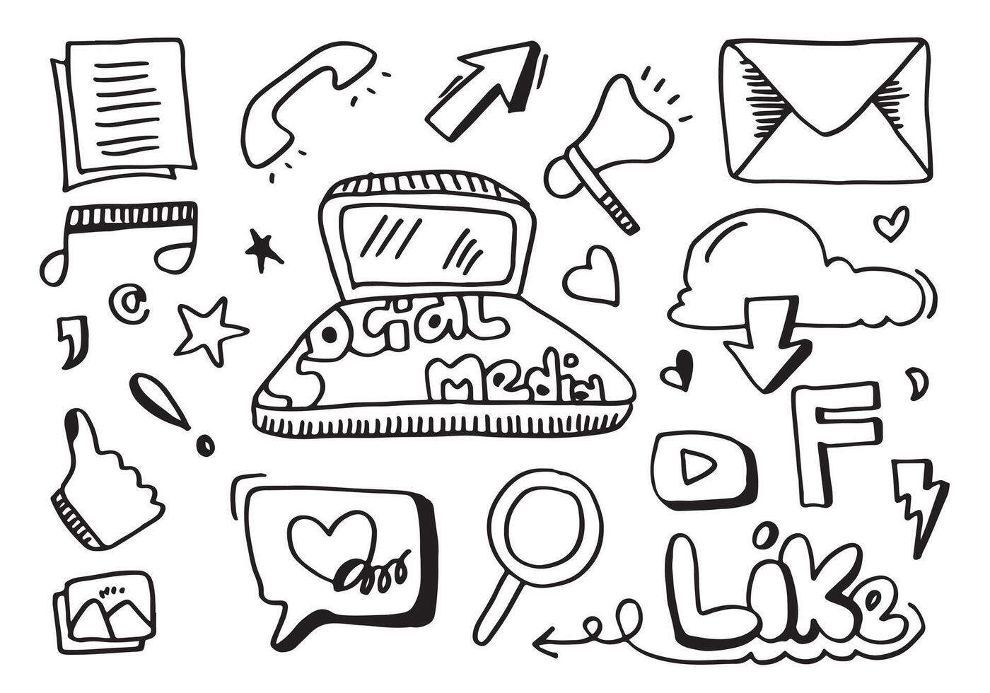 conjunto de dibujos animados de doodle de arte de línea vectorial de objetos y símbolos sobre el tema de las redes sociales. vector