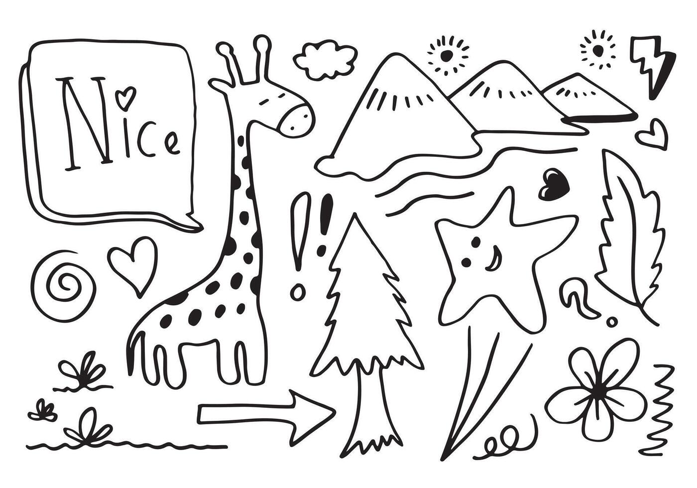 vector ilustración mano dibujado jirafa bosquejo paisaje con sierras, pino y nubes y otro elemento diseño. línea diseño.