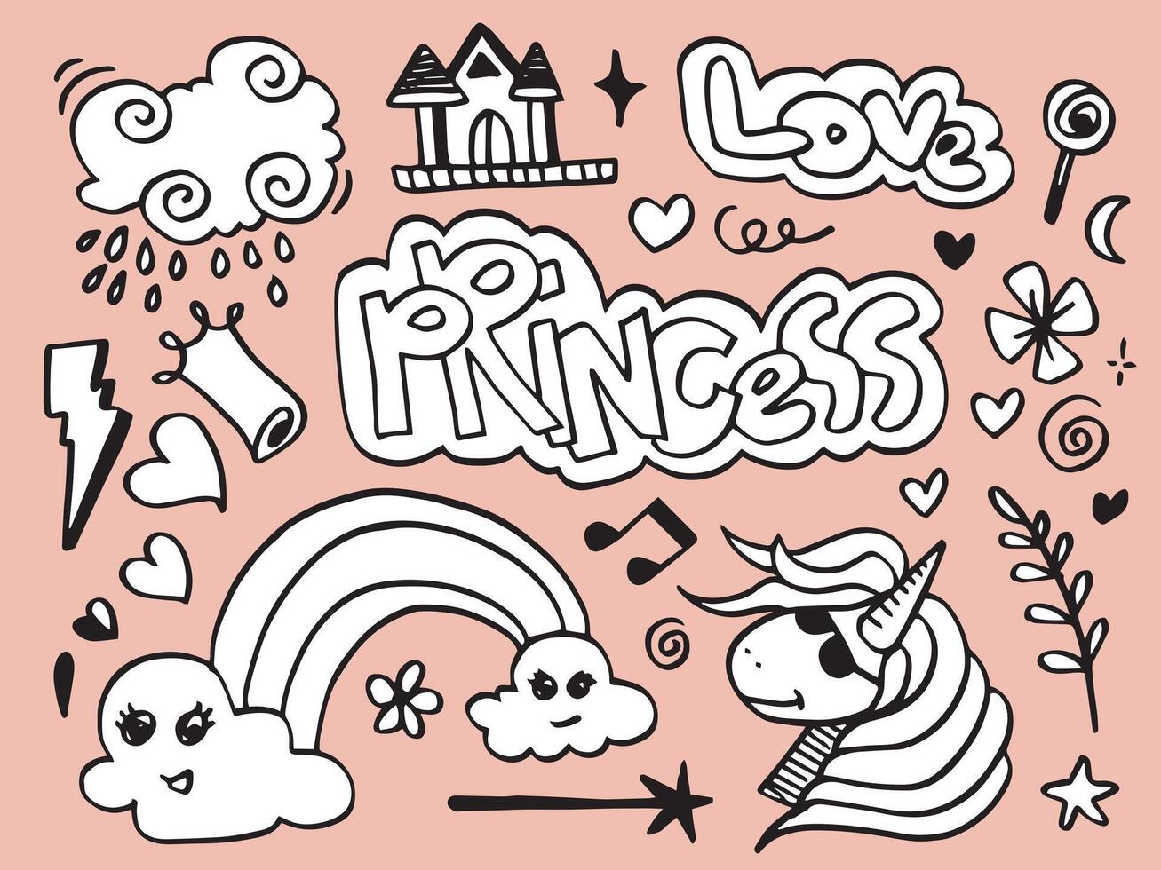 Hand drawn Prince princess cute doodle vector elements set on pink background.Trendy baby fabric, kid wallpaper. rainbow and unicorn.