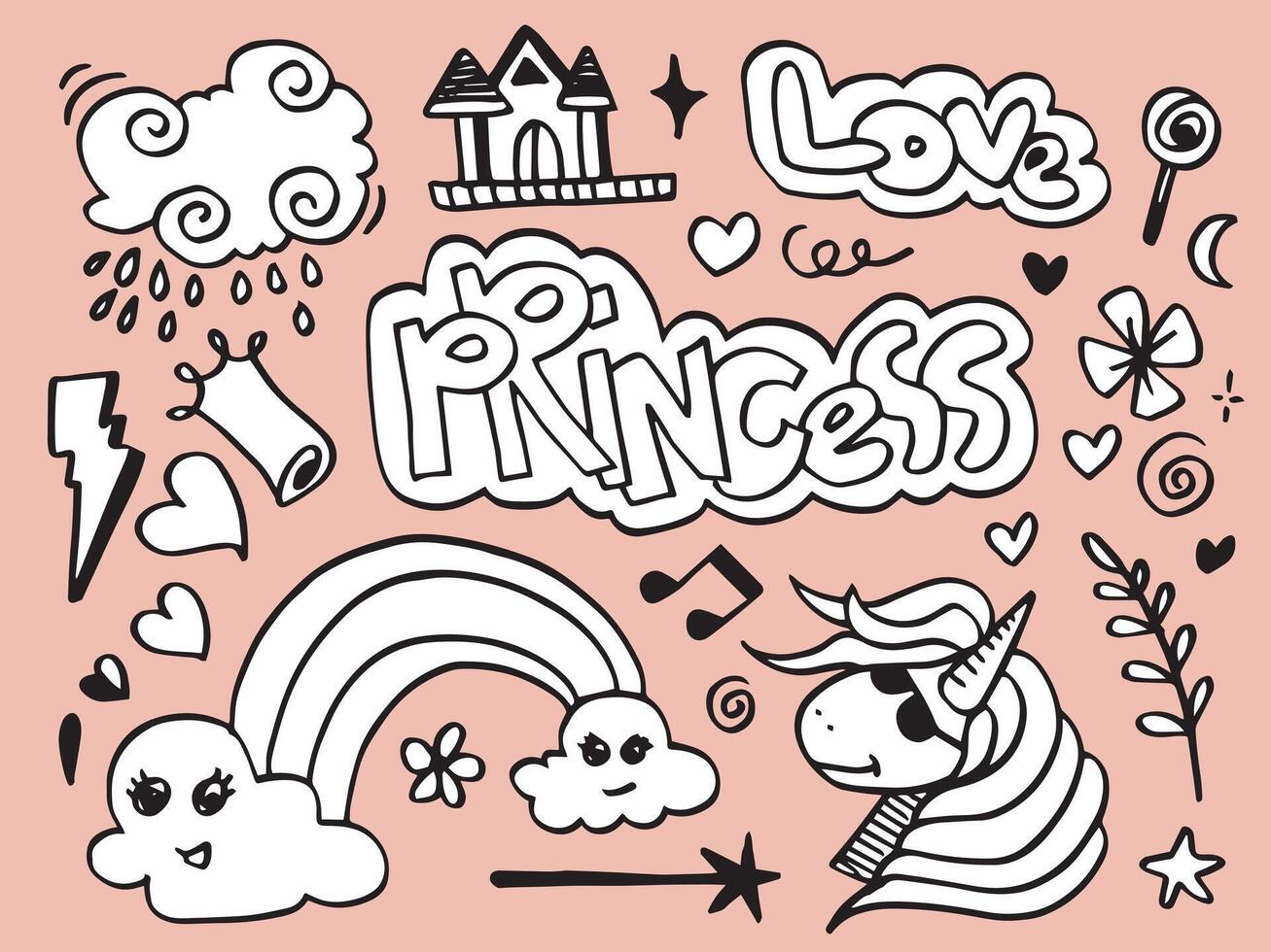 mano dibujado Príncipe princesa linda garabatear vector elementos conjunto en rosado fondo.trendy bebé tela, niño fondo de pantalla. arco iris y unicornio.