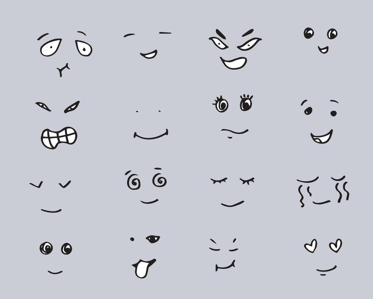 conjunto de emocional mano dibujado caras.sonrisa diferente emociones vector