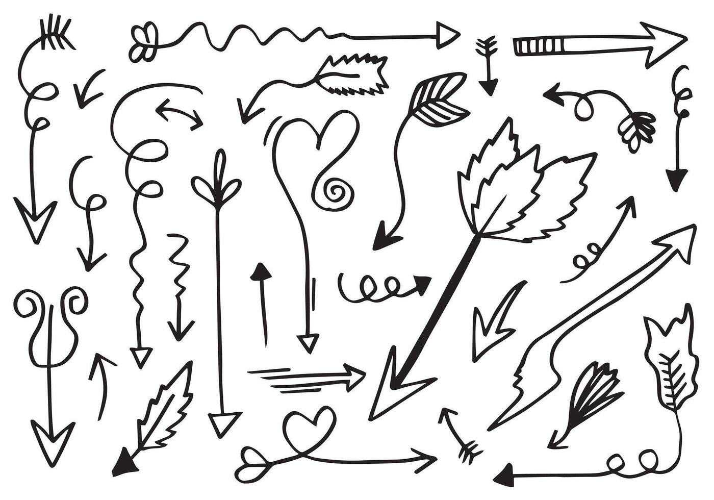 Set of black hand drawn arrows. Hipster ethnic vector elements on white background.