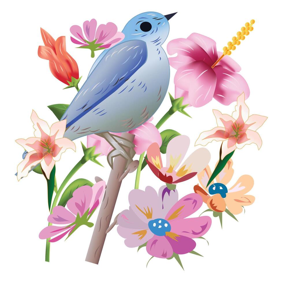 Bird and Spring Flowers vector