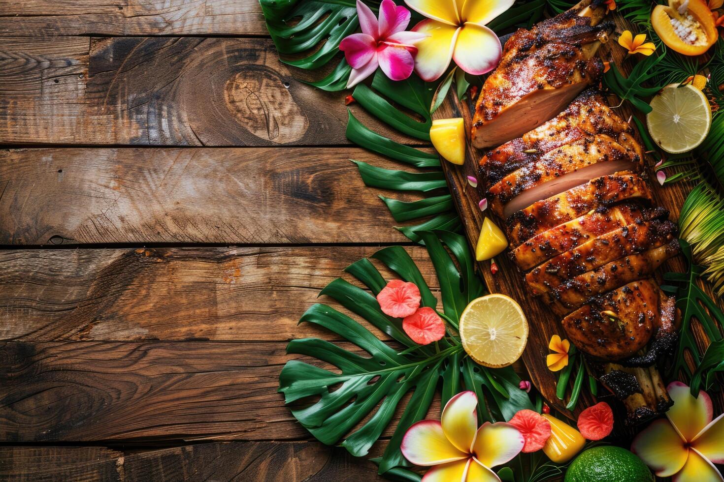 AI generated Caribbean roast meat with tropical fruits, tropical leaves and flowers, space for text photo