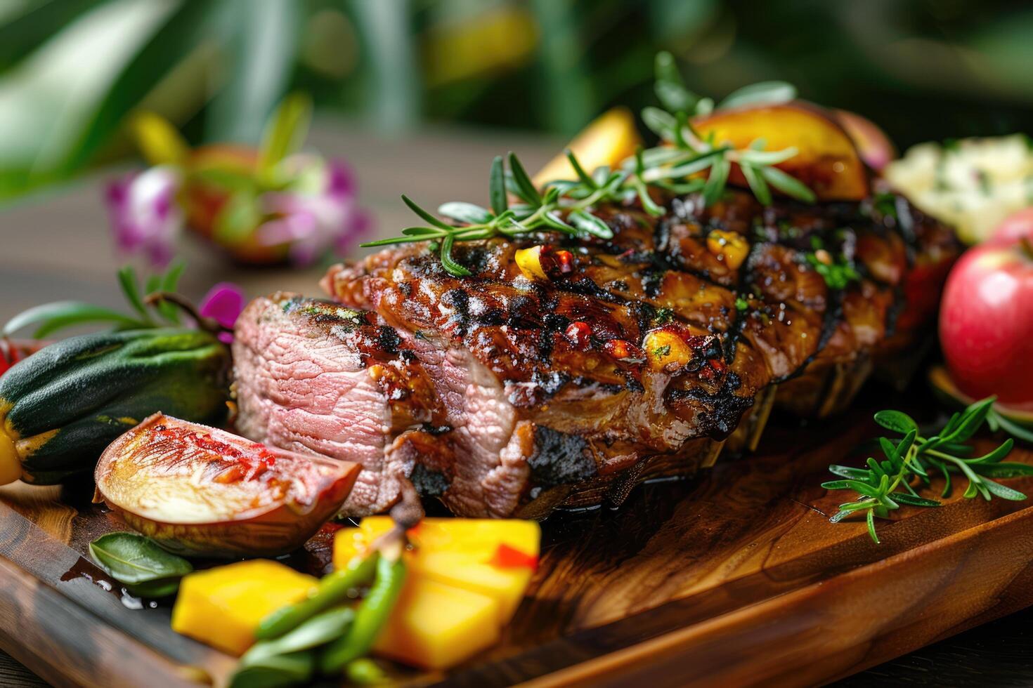 ai generado caribe asado carne con tropical frutas, tropical hojas y flores, espacio para texto foto