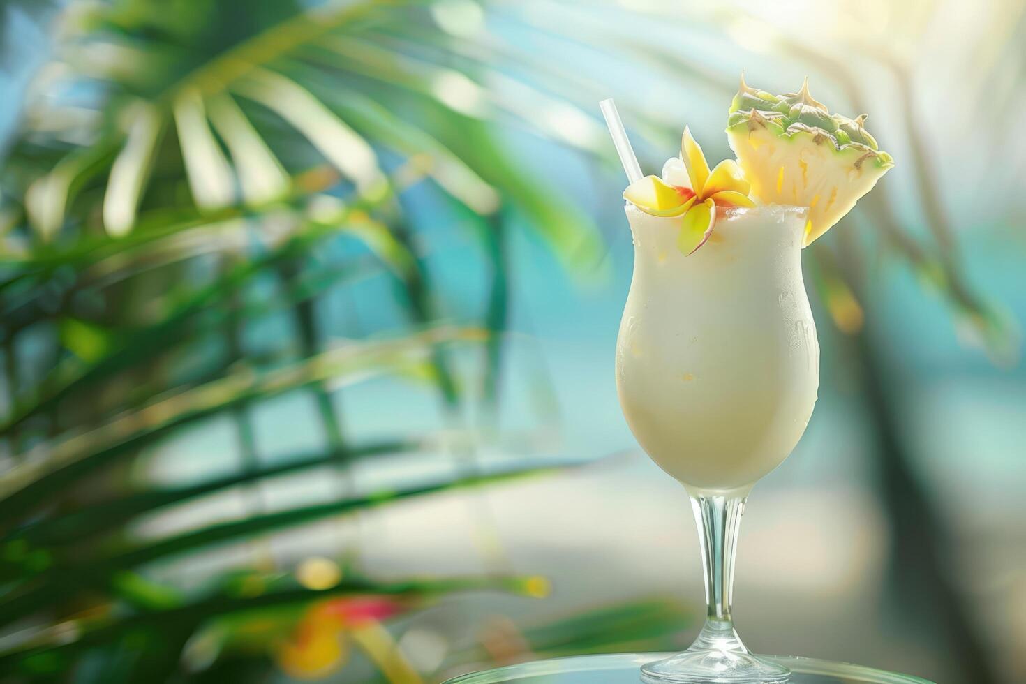 AI generated Tropical pina colada cocktail or mocktail with rum, coconut and pineapple photo