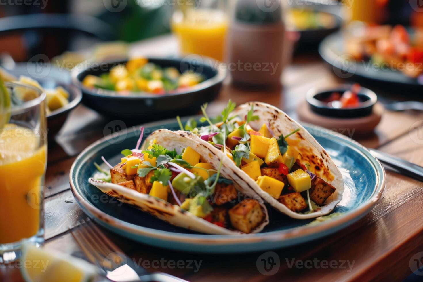 AI generated Mexican Mango avocado tacos. tofu, grilled chicken, tomato salsa sauce, onion in corn tortilla photo