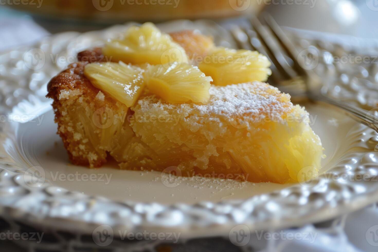 AI generated Crushed, pineapple, upside down cake, fine tableware, tropical leaves, space for text photo