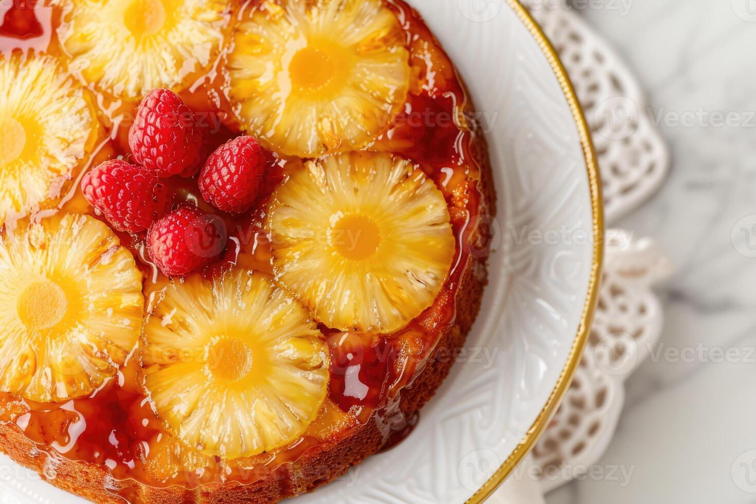 AI generated Crushed, pineapple, upside down cake, fine tableware, tropical leaves, space for text photo