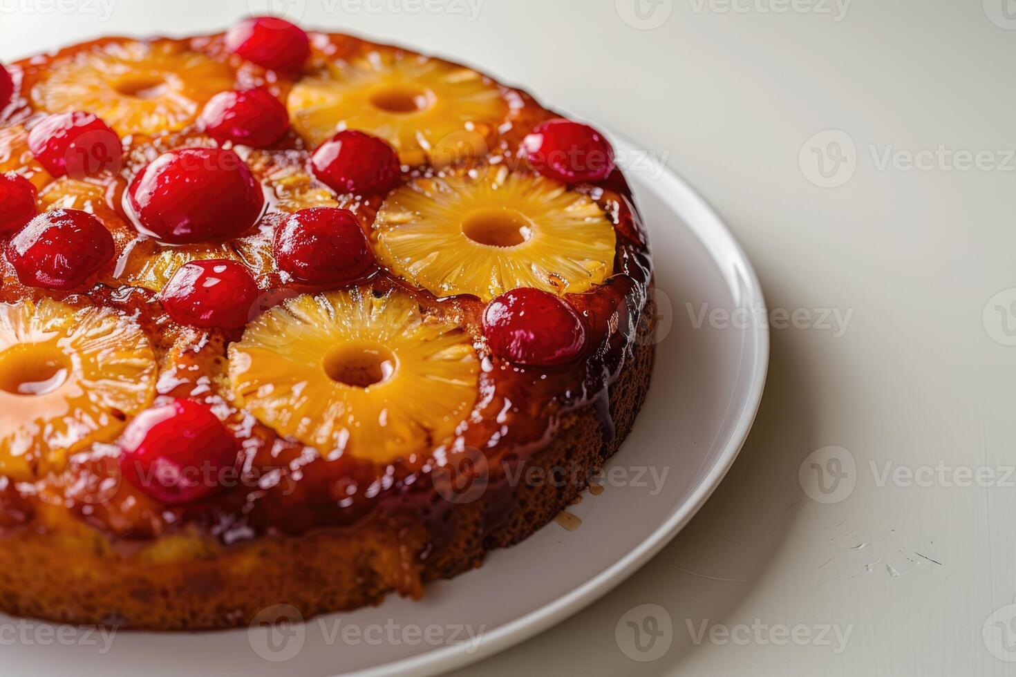 AI generated Crushed, pineapple, upside down cake, fine tableware, tropical leaves, space for text photo